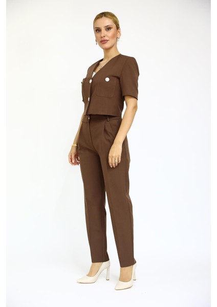 Kısa Kollu Yakasız Mini Ceket & Pileli Boru Paça Pantolon Takım-Kestane indirimleri
