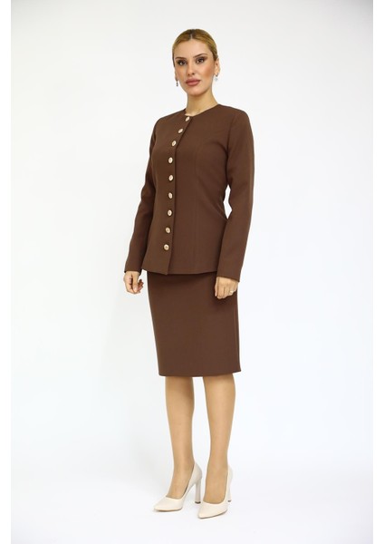 Sıfır Yaka Boydan Düğmeli Ceket & Düz Dar Etek-Kestane indirimleri