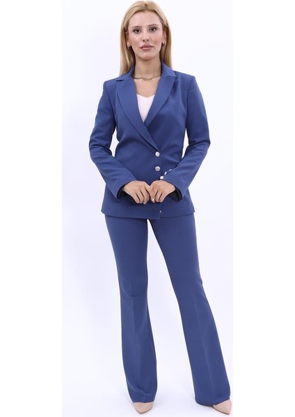 Erkek Yaka Düğme Detaylı Ceket & İspanyol Paça Pantolon-İndigo