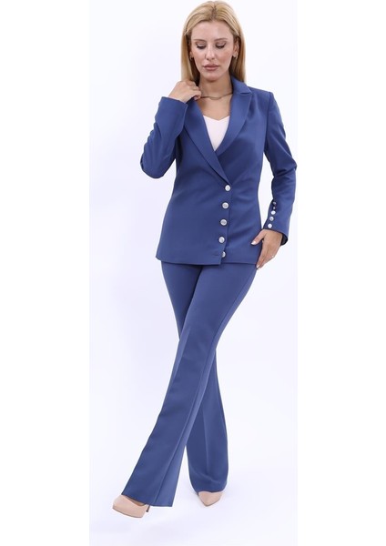 Erkek Yaka Düğme Detaylı Ceket & İspanyol Paça Pantolon-İndigo fiyatları