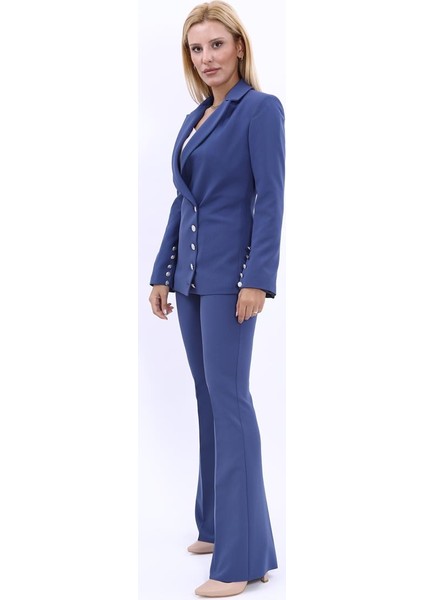 Erkek Yaka Düğme Detaylı Ceket & İspanyol Paça Pantolon-İndigo modelleri