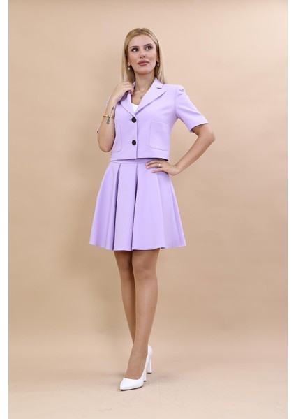 Kısa Kollu Yakalı Mini Ceket & Kloş Kısa Etek Takım-Menekşe