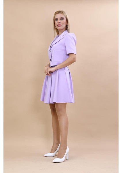 Kısa Kollu Yakalı Mini Ceket & Kloş Kısa Etek Takım-Menekşe fiyatları