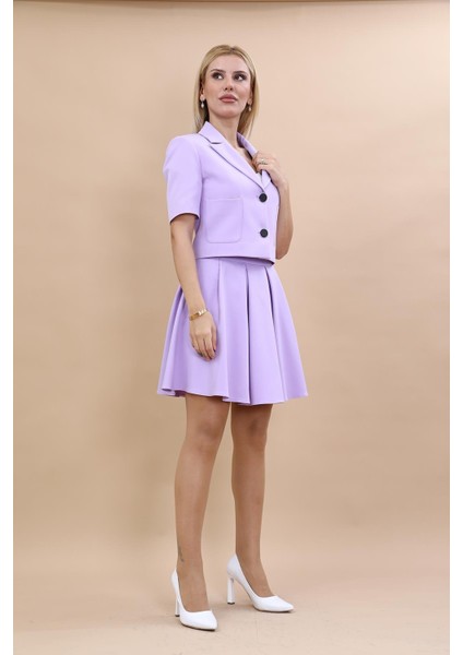 Kısa Kollu Yakalı Mini Ceket & Kloş Kısa Etek Takım-Menekşe modelleri