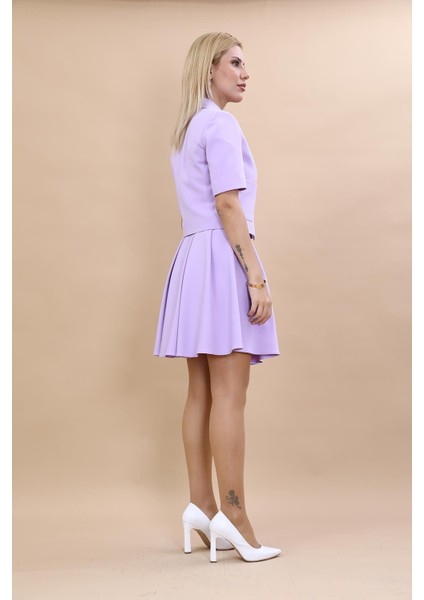 Kısa Kollu Yakalı Mini Ceket & Kloş Kısa Etek Takım-Menekşe fırsatları