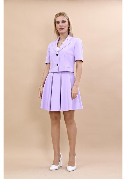 Kısa Kollu Yakalı Mini Ceket & Kloş Kısa Etek Takım-Menekşe indirimleri