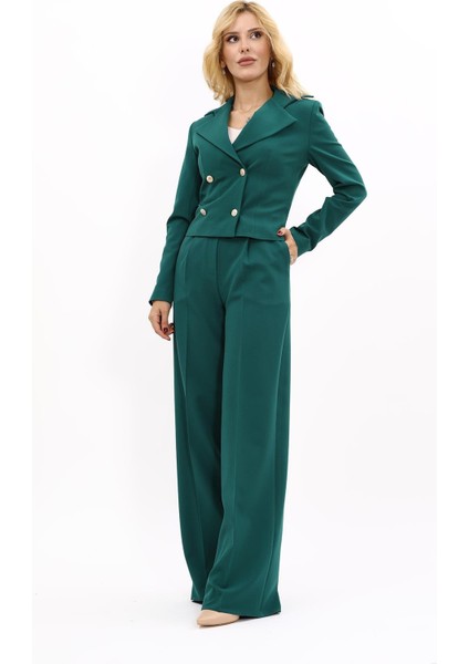 Gömlek Yaka Kuruvaze Kısa Ceket & Korsaj Kemer Palazzo Pantolon-Zümrüt