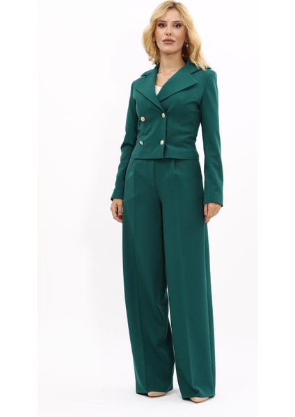 Gömlek Yaka Kuruvaze Kısa Ceket & Korsaj Kemer Palazzo Pantolon-Zümrüt indirimleri