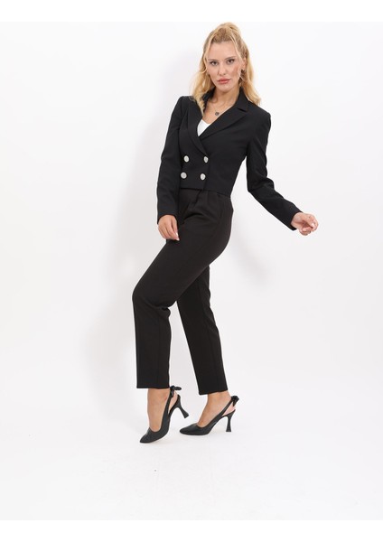 Erkek Yaka Kuruvaze Kısa Ceket & Kemerli Köprülü Dar Paça Pantolon-Siyah