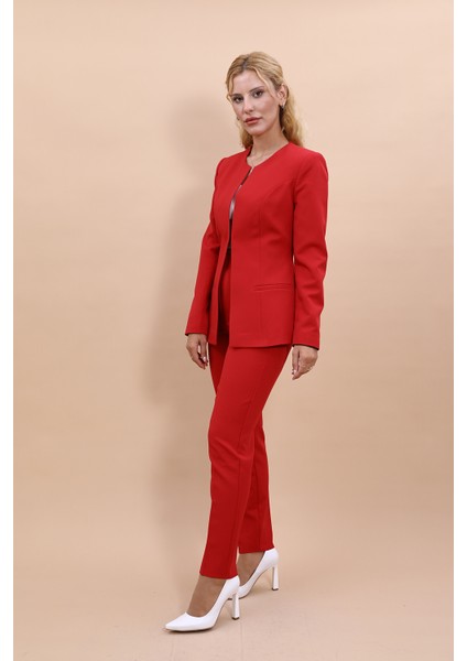 Oval Yaka Uzun Ceket & Boru Paça Pantolon Takım-Kırmızı modelleri