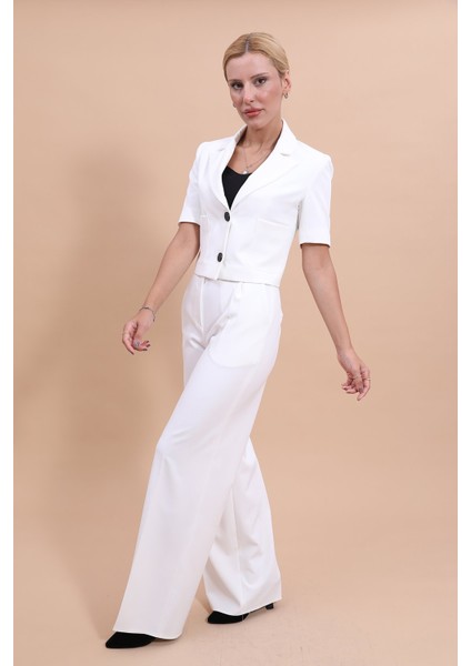 Kısa Kollu Yakalı Mini Ceket & Yüksek Bel Bol Paça Pantolon Takım-Beyaz