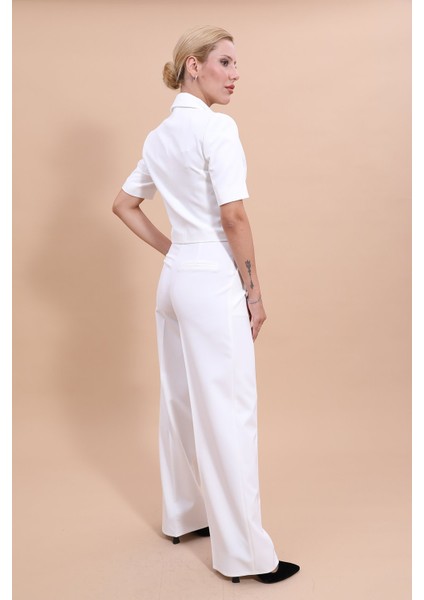 Kısa Kollu Yakalı Mini Ceket & Yüksek Bel Bol Paça Pantolon Takım-Beyaz fiyatları