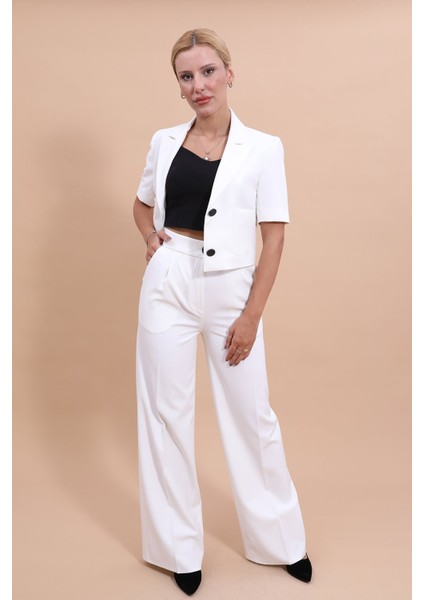 Kısa Kollu Yakalı Mini Ceket & Yüksek Bel Bol Paça Pantolon Takım-Beyaz modelleri