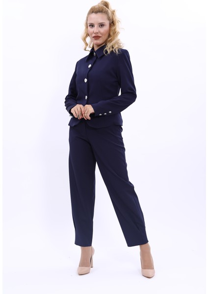 Gömlek Yaka Klasik Ceket & Paçası Pileli Pantolon-Lacivert