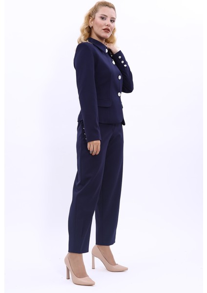 Gömlek Yaka Klasik Ceket & Paçası Pileli Pantolon-Lacivert fırsatları
