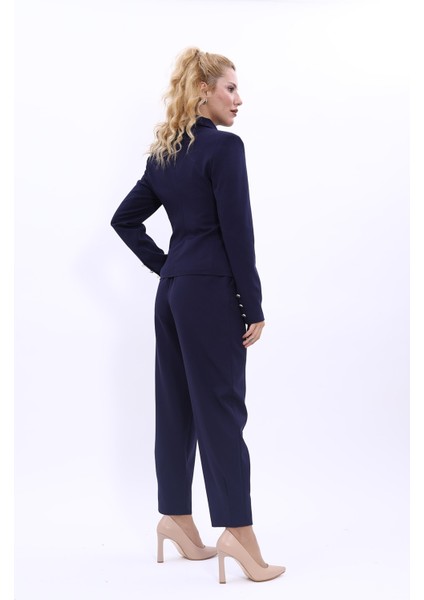 Gömlek Yaka Klasik Ceket & Paçası Pileli Pantolon-Lacivert indirimleri