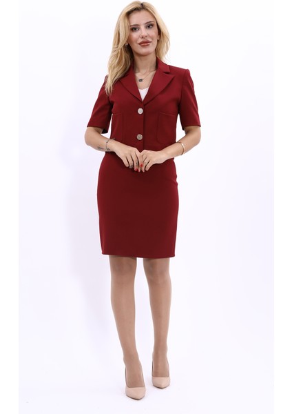 Kısa Kollu Yakalı Mini Ceket & Kısa Kalem Etek Takım-Bordo