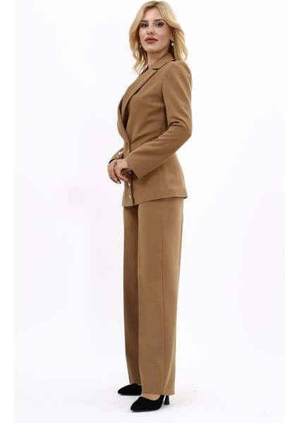 Erkek Yaka Düğme Detaylı Ceket & Bol Paça Pantolon-Camel fiyatları