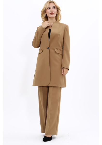 Kendinden Dik Yakalı Tek Düğmeli Uzun Ceket & Bol Paça Pantolon-Camel fiyatları