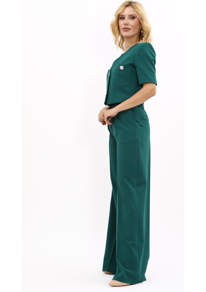V Yaka Kısa Ceket & Korsaj Kemer Palazzo Pantolon-Zümrüt fiyatları
