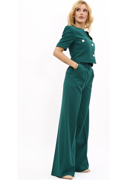 V Yaka Kısa Ceket & Korsaj Kemer Palazzo Pantolon-Zümrüt modelleri