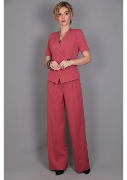 Tokalı Kısa Kollu Ceket & Yüksek Bel Bol Paça Pantolon Takım-Kiremit fiyatları