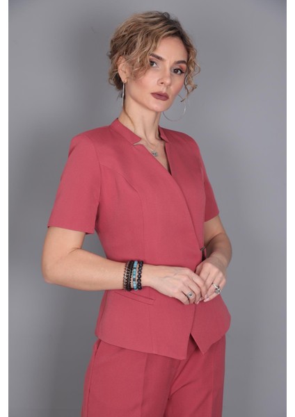 Tokalı Kısa Kollu Ceket & Yüksek Bel Bol Paça Pantolon Takım-Kiremit modelleri