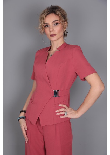 Tokalı Kısa Kollu Ceket & Yüksek Bel Bol Paça Pantolon Takım-Kiremit fırsatları