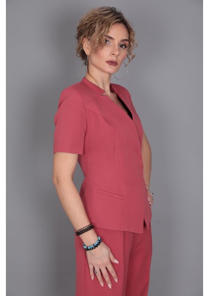 Tokalı Kısa Kollu Ceket & Yüksek Bel Bol Paça Pantolon Takım-Kiremit indirimleri