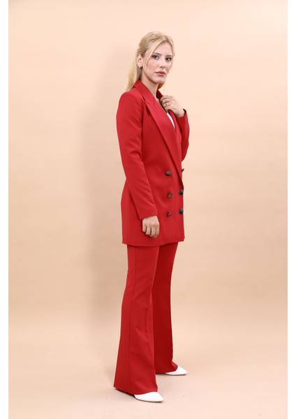 Erkek Yaka Kuruvaze Uzun Ceket & İspanyol Paça Pantolon-Kırmızı