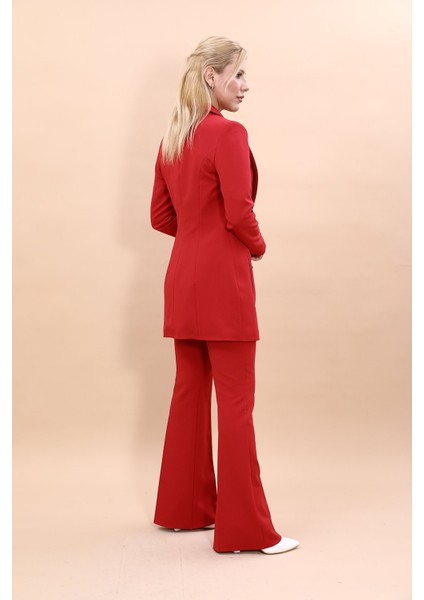 Erkek Yaka Kuruvaze Uzun Ceket & İspanyol Paça Pantolon-Kırmızı fiyatları