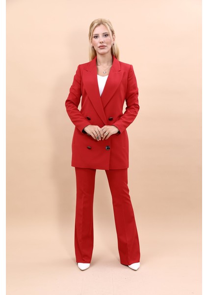 Erkek Yaka Kuruvaze Uzun Ceket & İspanyol Paça Pantolon-Kırmızı modelleri