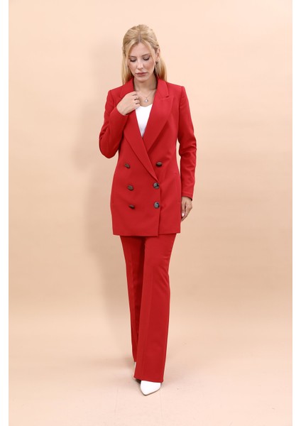 Erkek Yaka Kuruvaze Uzun Ceket & İspanyol Paça Pantolon-Kırmızı fırsatları