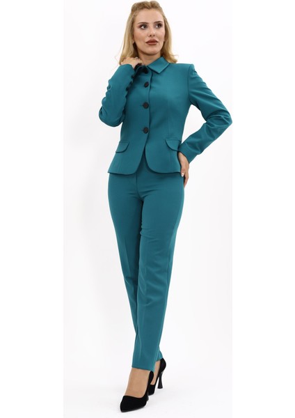 Peplum Ceket & Boru Paça Pantolon Takım-Petrol