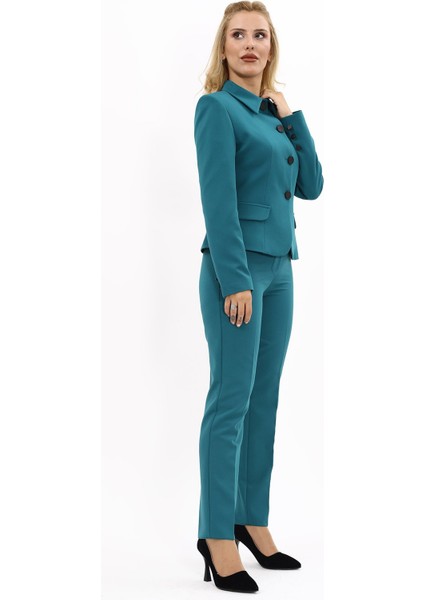 Peplum Ceket & Boru Paça Pantolon Takım-Petrol modelleri