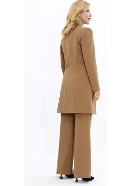 Kendinden Dik Yakalı Tek Düğmeli Uzun Ceket & Bol Paça Pantolon-Camel indirimleri