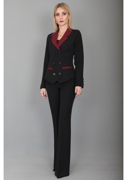 Garnili Ceket & Ispanyol Paça Pantolon Takım-Bordo