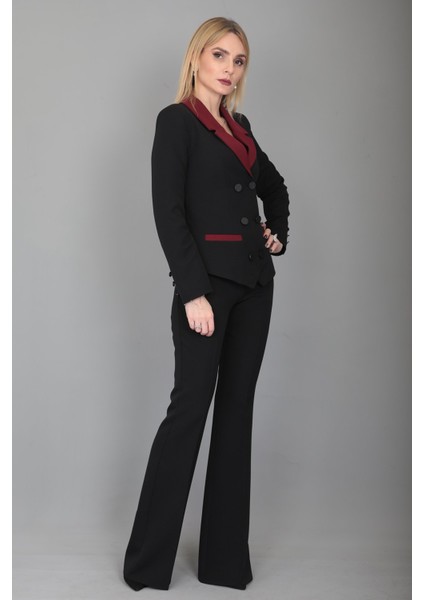 Garnili Ceket & Ispanyol Paça Pantolon Takım-Bordo modelleri