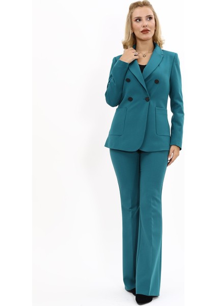 Erkek Yaka Torba Cepli Klasik Ceket & İspanyol Paça Pantolon-Petrol