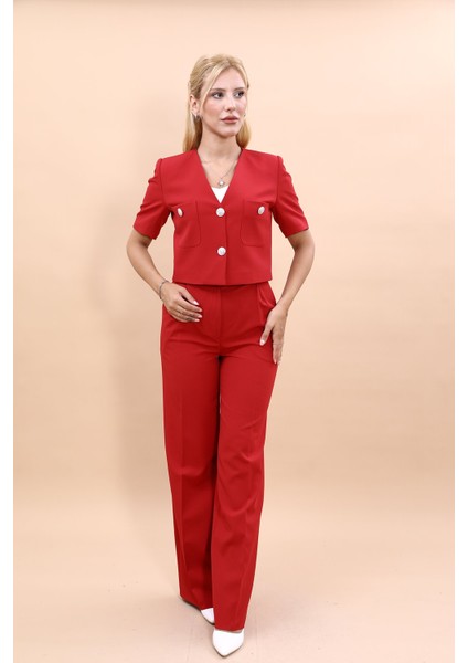 Kısa Kollu Yakasız Mini Ceket & Yüksek Bel Bol Paça Pantolon Takım-Kırmızı