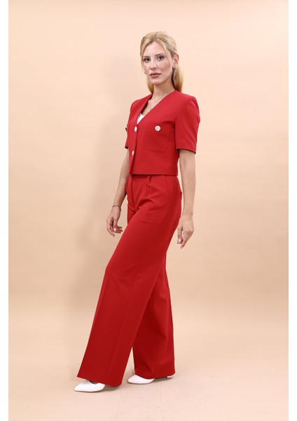 Kısa Kollu Yakasız Mini Ceket & Yüksek Bel Bol Paça Pantolon Takım-Kırmızı fiyatları