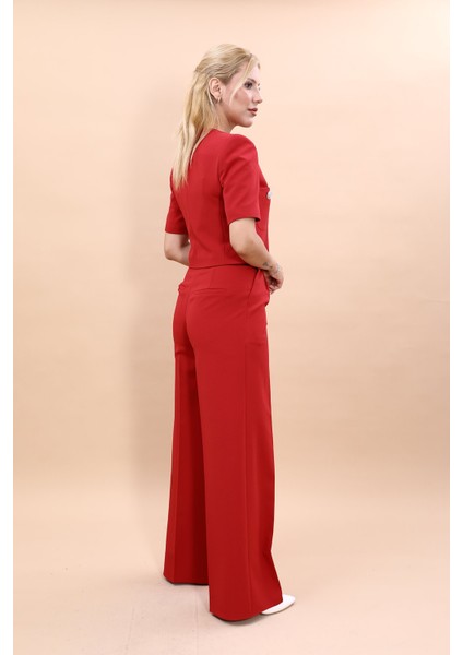 Kısa Kollu Yakasız Mini Ceket & Yüksek Bel Bol Paça Pantolon Takım-Kırmızı fırsatları