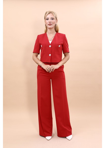 Kısa Kollu Yakasız Mini Ceket & Yüksek Bel Bol Paça Pantolon Takım-Kırmızı indirimleri