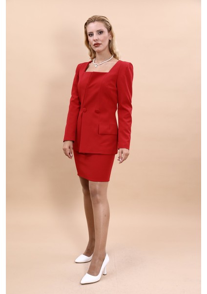 Kare Yaka Ceket & Yırtmaçlı Düz Dar Etek-Kırmızı