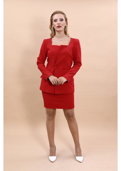 Kare Yaka Ceket & Yırtmaçlı Düz Dar Etek-Kırmızı fırsatları