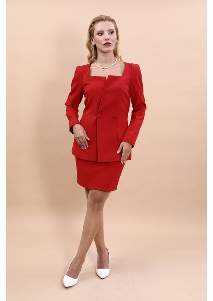 Kare Yaka Ceket & Yırtmaçlı Düz Dar Etek-Kırmızı indirimleri