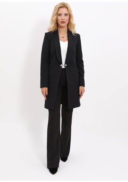 Şal Yaka Cepli Uzun Ceket & İspanyol Paça Pantolon-Siyah modelleri