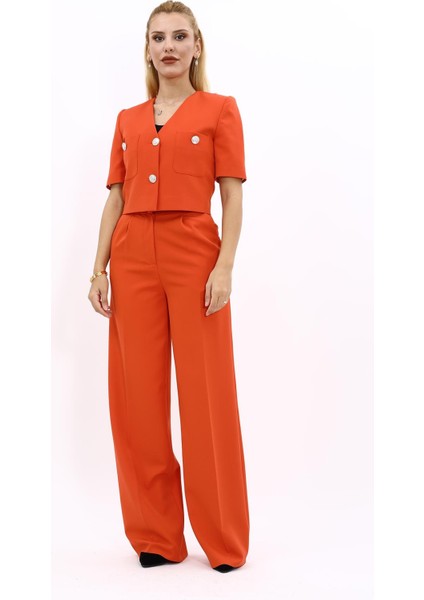 Kısa Kollu Yakasız Mini Ceket & Yüksek Bel Bol Paça Pantolon Takım-Turuncu