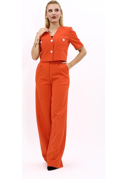 Kısa Kollu Yakasız Mini Ceket & Yüksek Bel Bol Paça Pantolon Takım-Turuncu fiyatları