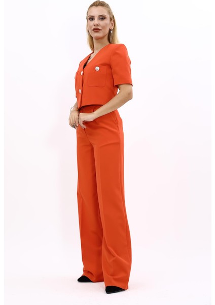 Kısa Kollu Yakasız Mini Ceket & Yüksek Bel Bol Paça Pantolon Takım-Turuncu modelleri